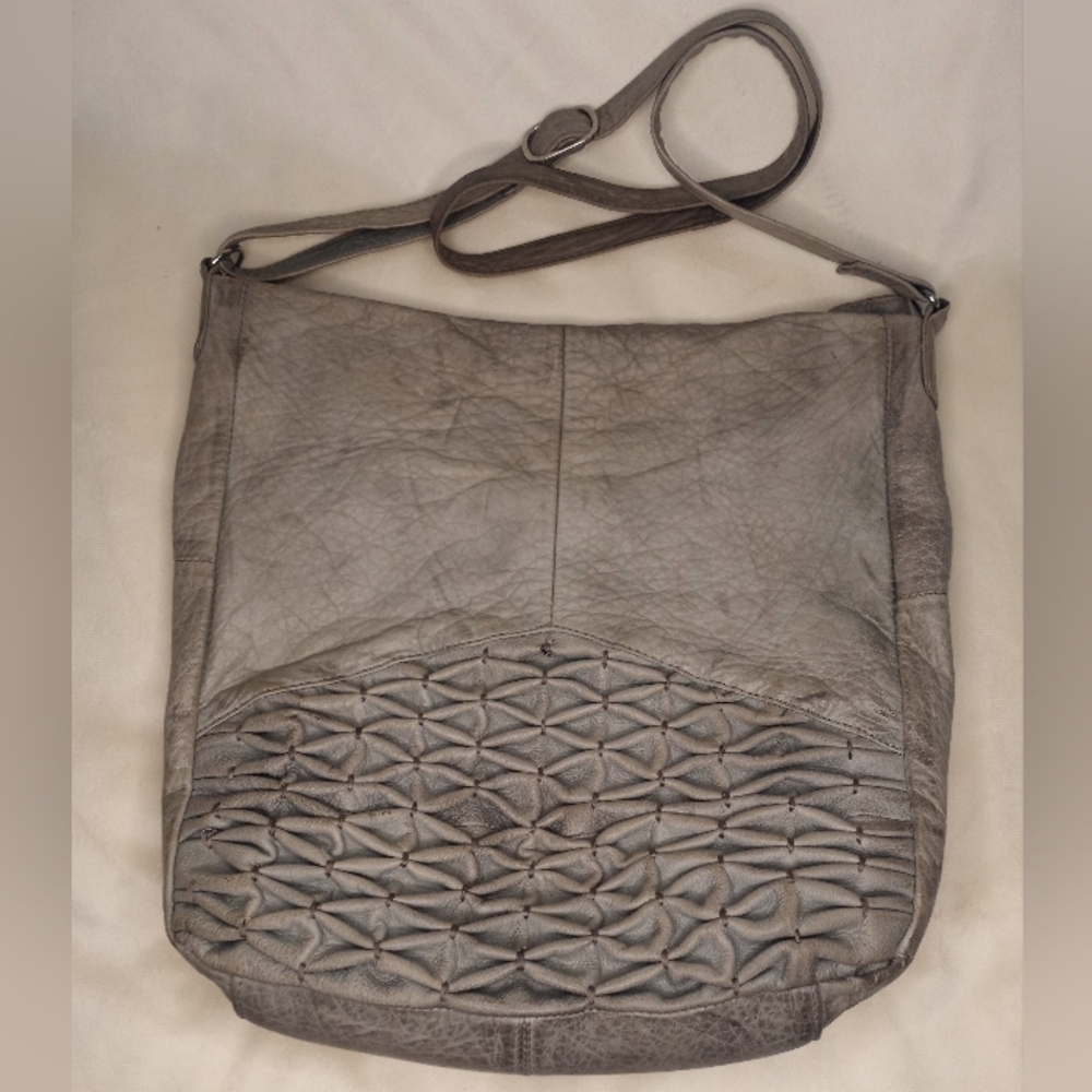 Anthropologie Taupe Leather Hobo with Woven Front Detail - Picture 3 of 9